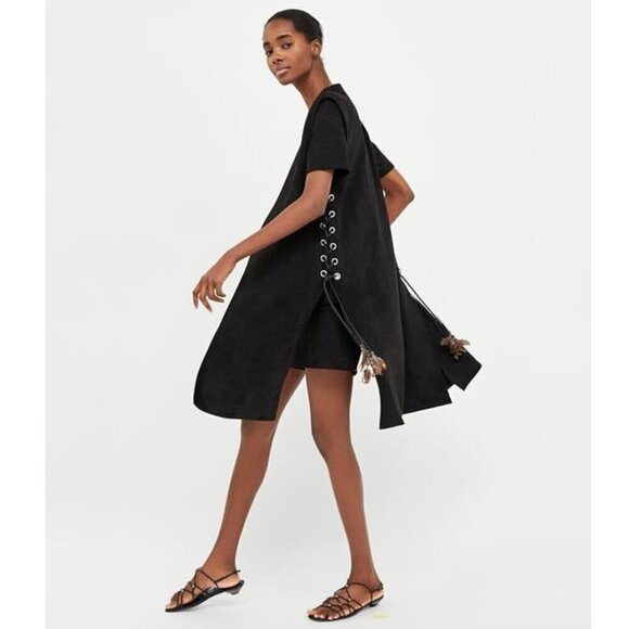 Zara Jackets & Blazers - Zara Faux Suede Waist Coat with lace up strings with feathers